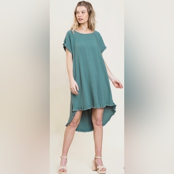 Umgee Small Sage Green Pocket Hi-Low  Dress Linen Blend With Boho Fringe - Picture 1 of 9